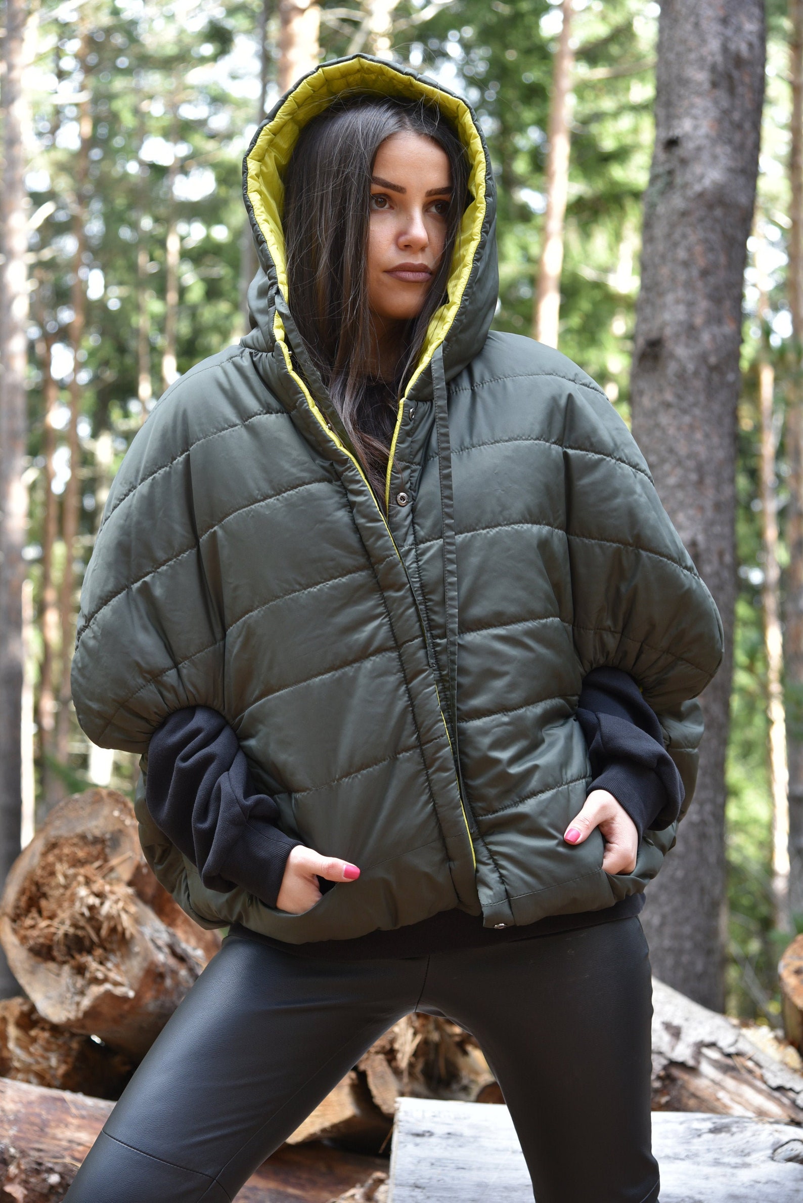 Green Quilted Jacket/windproof Jacket/green Warm Jacket/double Etsy