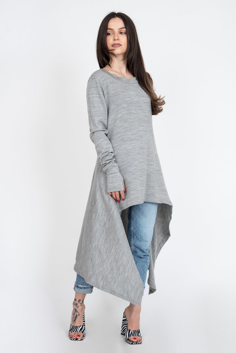 Grey Asymmetrical Sweater/Cozy Sweater/Sweater Dress/Knit Dress/Women Ribbed Sweater/Maxi Blouse/Over Sized Knit Top/Winter Blouse/F1234 image 5