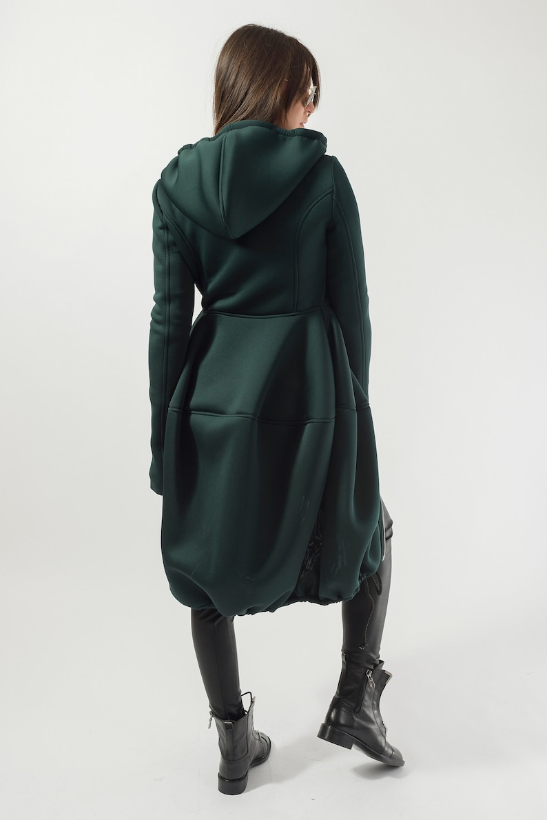 Hooded Long Neoprene Coat/Winter Cape Coat/Neoprene Coat/Long Sleeve Trench Coat/Large Pockets Coat/Autumn Winter Green Coat/F1824 image 5