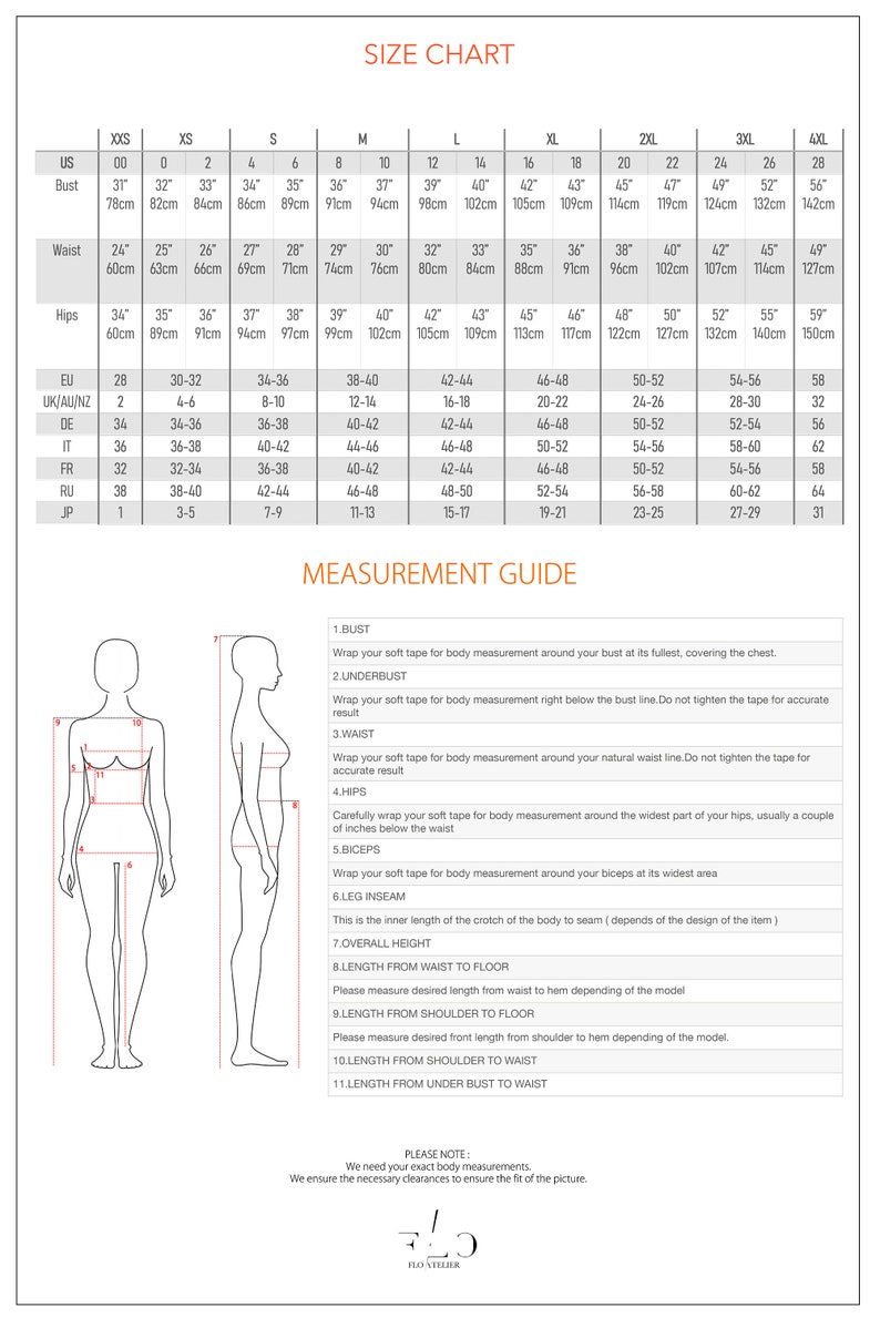 Puede incluir: Tabla de tallas para ropa con medidas en pulgadas y cent&iacute;metros. La tabla incluye tallas desde XXS hasta 4XL y muestra las medidas de busto, cintura y cadera.