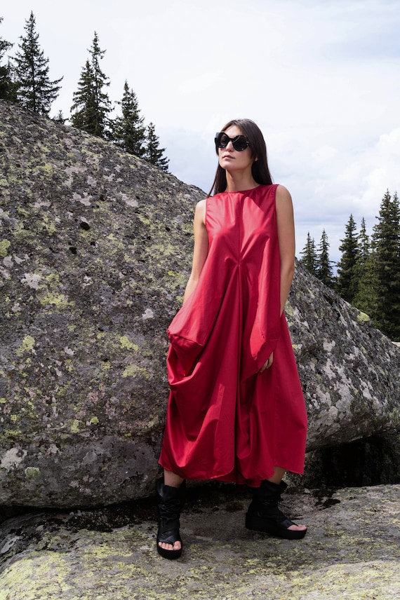 Draped Red Kaftan/Loose Dress/Asymmetrical Tunic/Maxi Dress/Dark Red Cotton Dress/Casual Kaftan/Dress with Pockets/Maxi Dress/ F1718