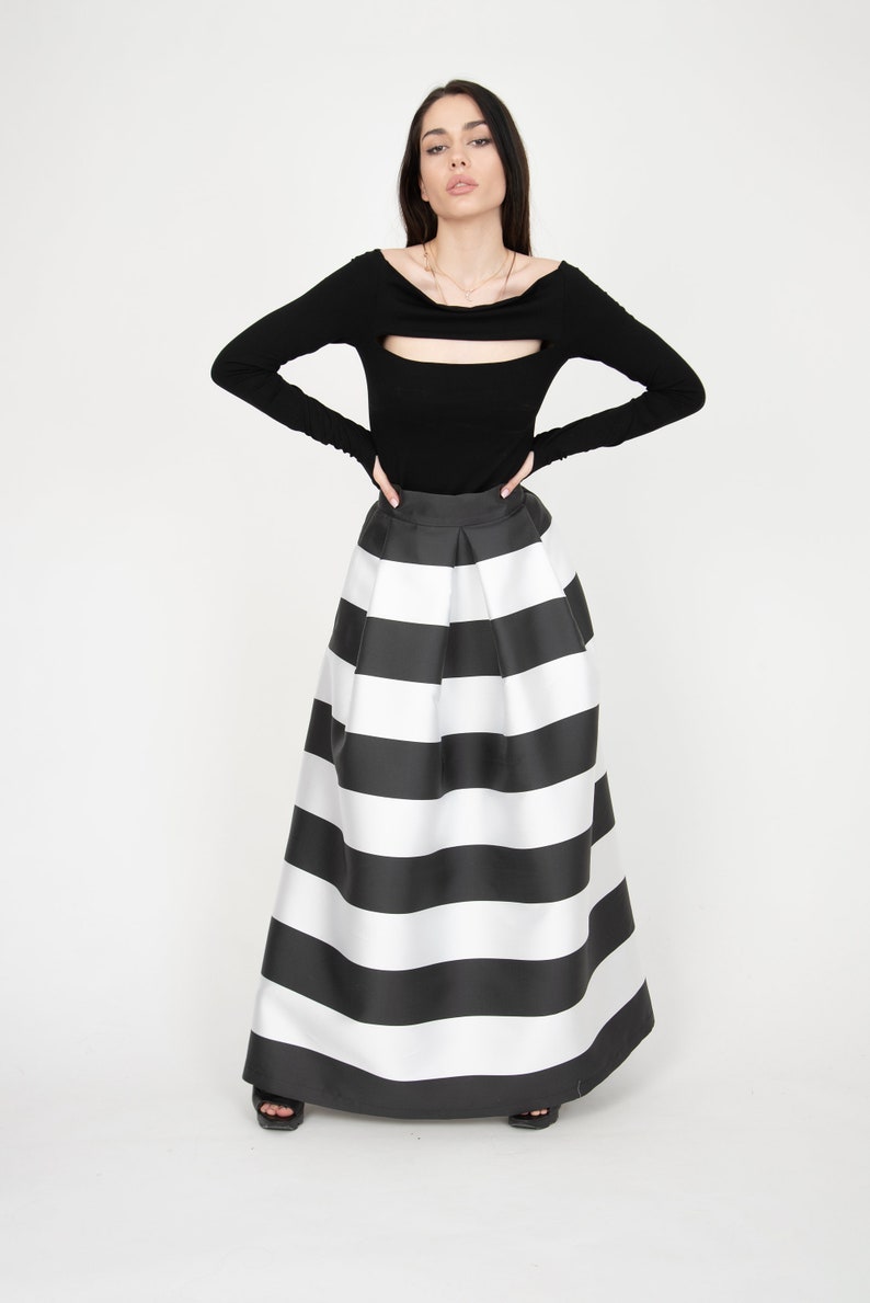 Black/White Long Maxi Skirt/High or Low Waist Skirt/Long Waistband Skirt/Handmade Striped Skirt/Black Stripe Skirt/Formal Skirt/Skirt/F1035 image 2