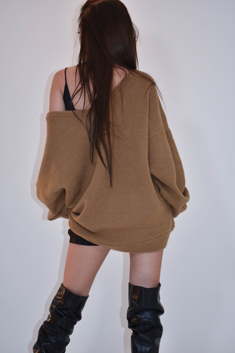 Handmade Oversized Sweater/Knitwear Top/Sweater Dress/Camel Long Pullover/Loose Plus Size Sweater/Off Shoulder Sweater/Camel Blouse/F1806 image 6