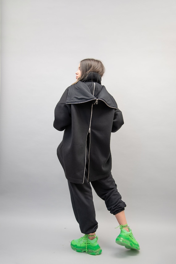 High Neck Hoodie/centre Zipper Hoodie/ Oversized Black