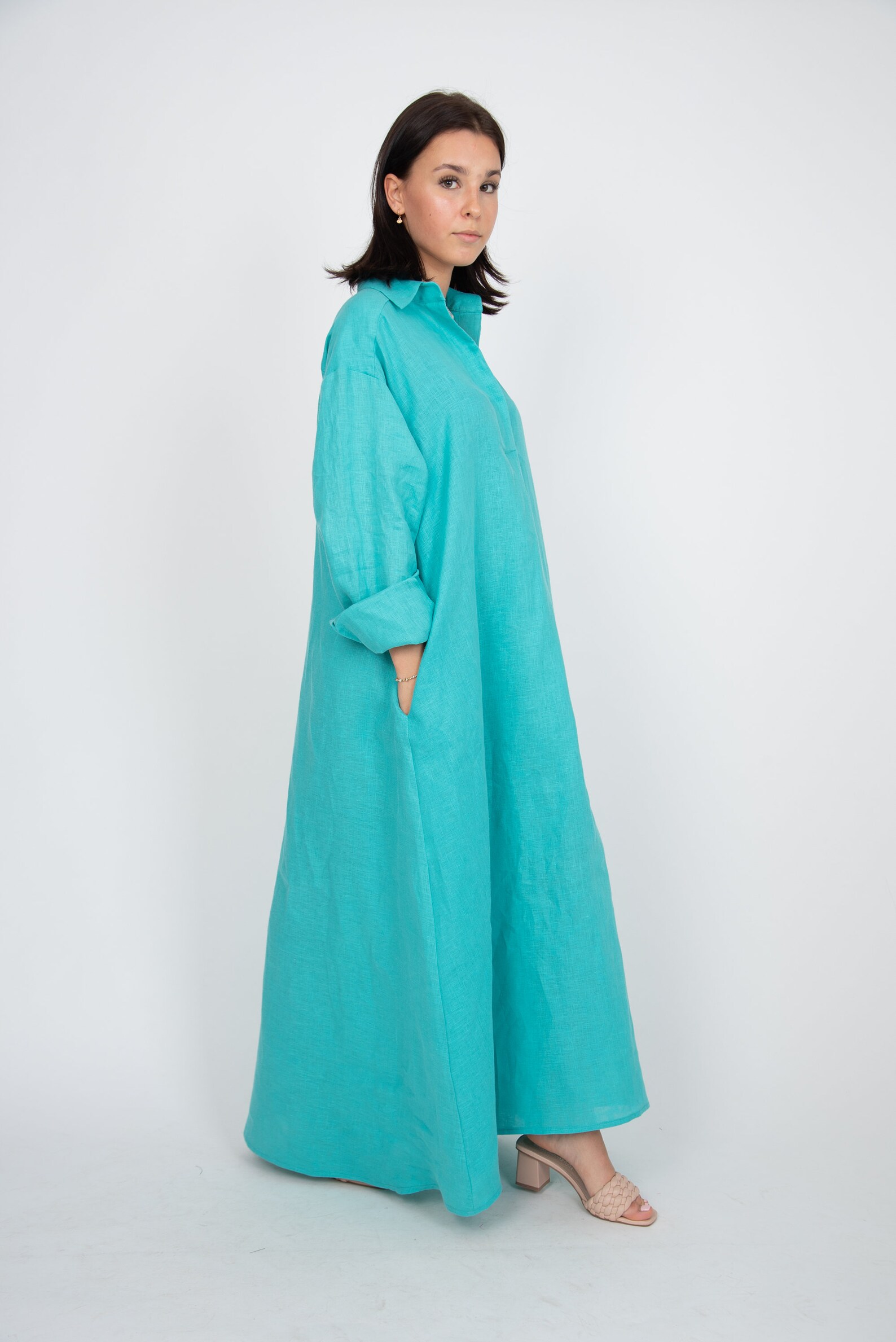 Turquoise Linen Dress/linen Shirt Dress/oversized Shirt Etsy