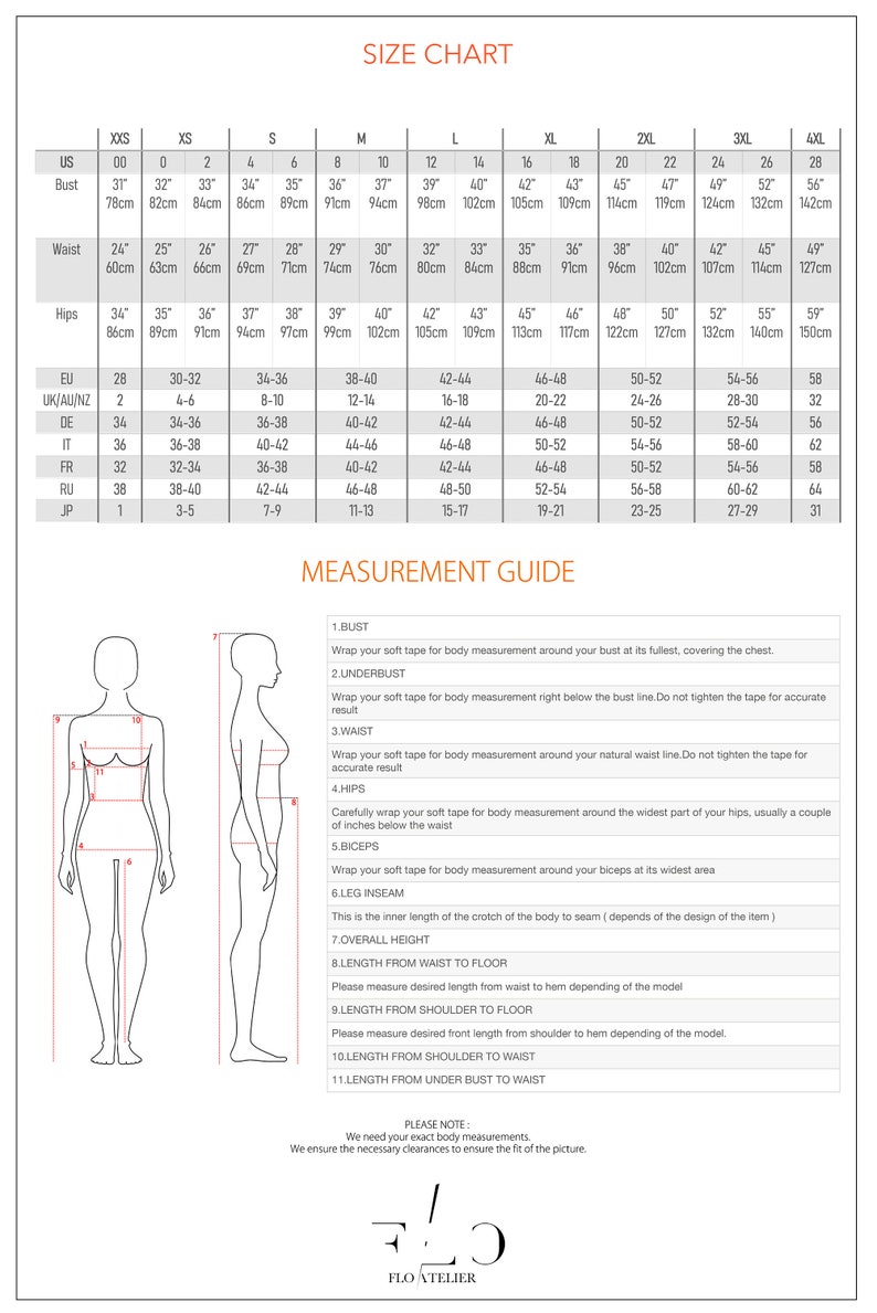 May include: Size chart for clothing with measurements in inches and centimeters. The chart includes sizes from XOXS to 4XL. The chart also includes a diagram of a woman's body with labels for bust, underbust, waist, hips, biceps, leg inseam, overall height, length from waist to floor, length from shoulder to floor, length from shoulder to waist, and length from under bust to waist.