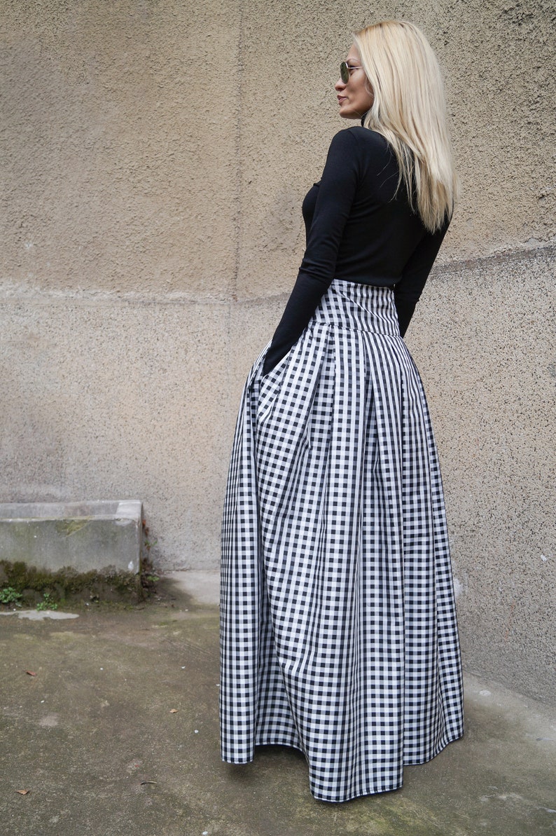 Gingham Lovely Black and White Long Maxi Skirt/High or Low Waist Skirt/Long Waistband Skirt/Fashion Skirt/Pleated Skirt/Maxi Skirt/F1578 image 4