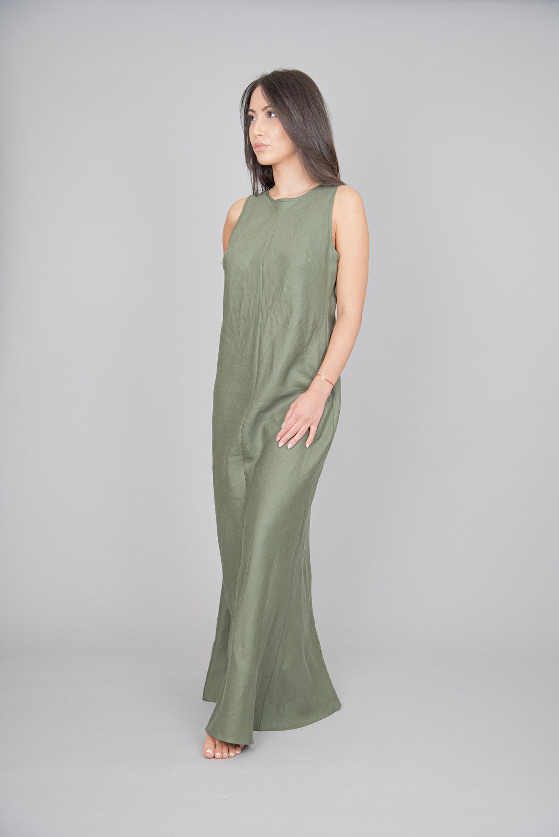Olive Green Long Linen Dress/Sleeveless Dress/Linen Dress with | Etsy