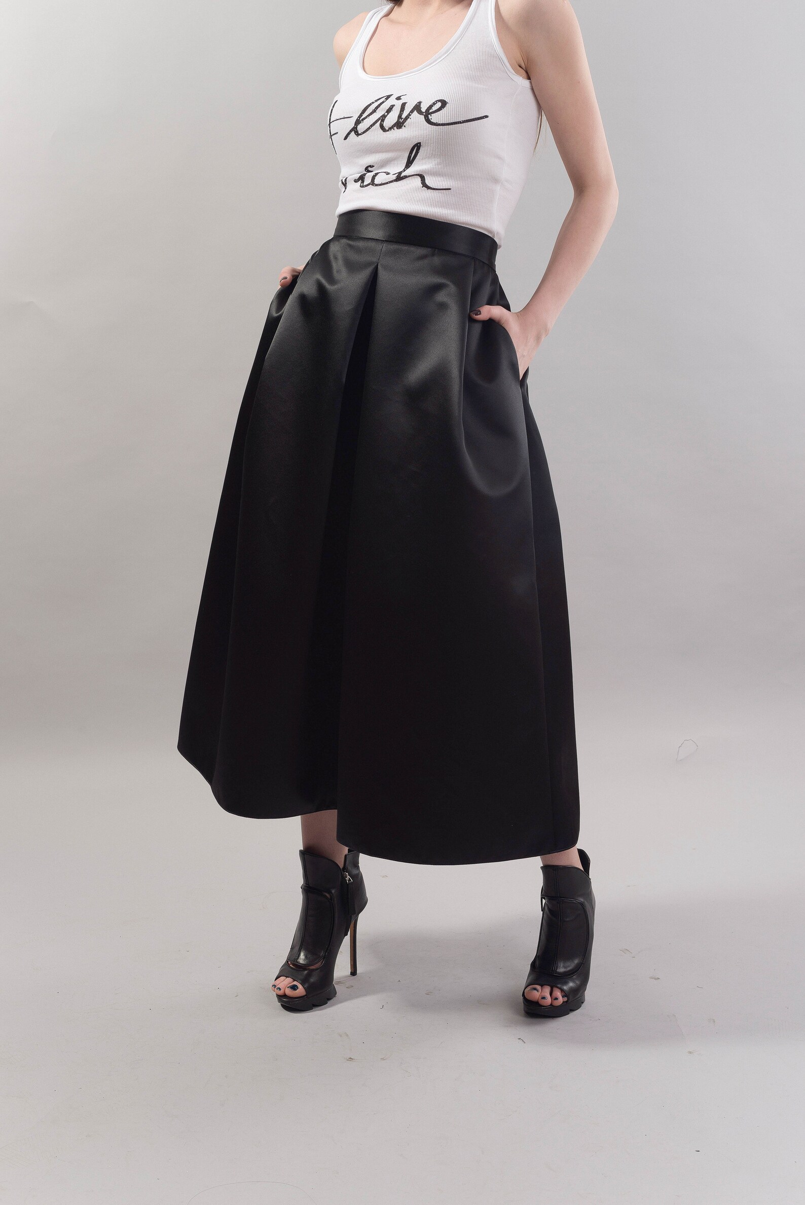 Lovely Black Midi Skirt/Skirt with Pockets/Belted Black Etsy