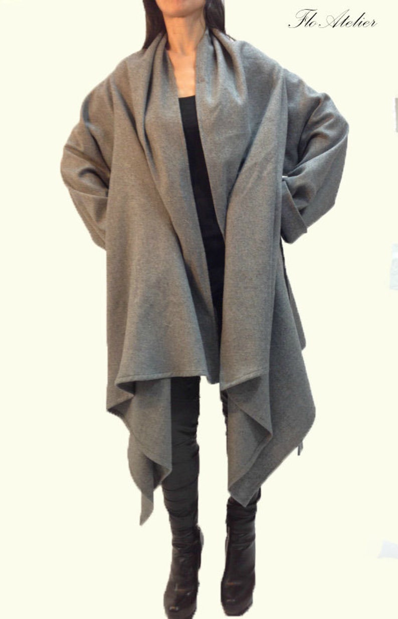 Grey Long Wool Coat/Winter Cape Coat/Cashmere Wool Coat/Long Sleeve Trench Coat/Asymmetrical Coat/Baby Wearing Wool Coat/Handmade Coat/F1177 image 3