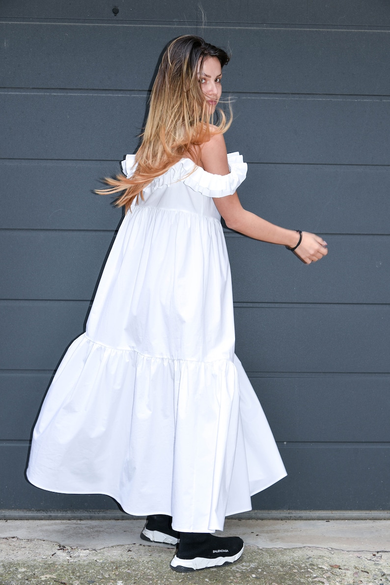 White Romantic Dress/Ruffled Dress/Off Shoulder Dress/Open Back Dress, Beach Dress/Summer Dress/Long Maxi Dress/Loose Dress/ Oversized/F2158 image 6