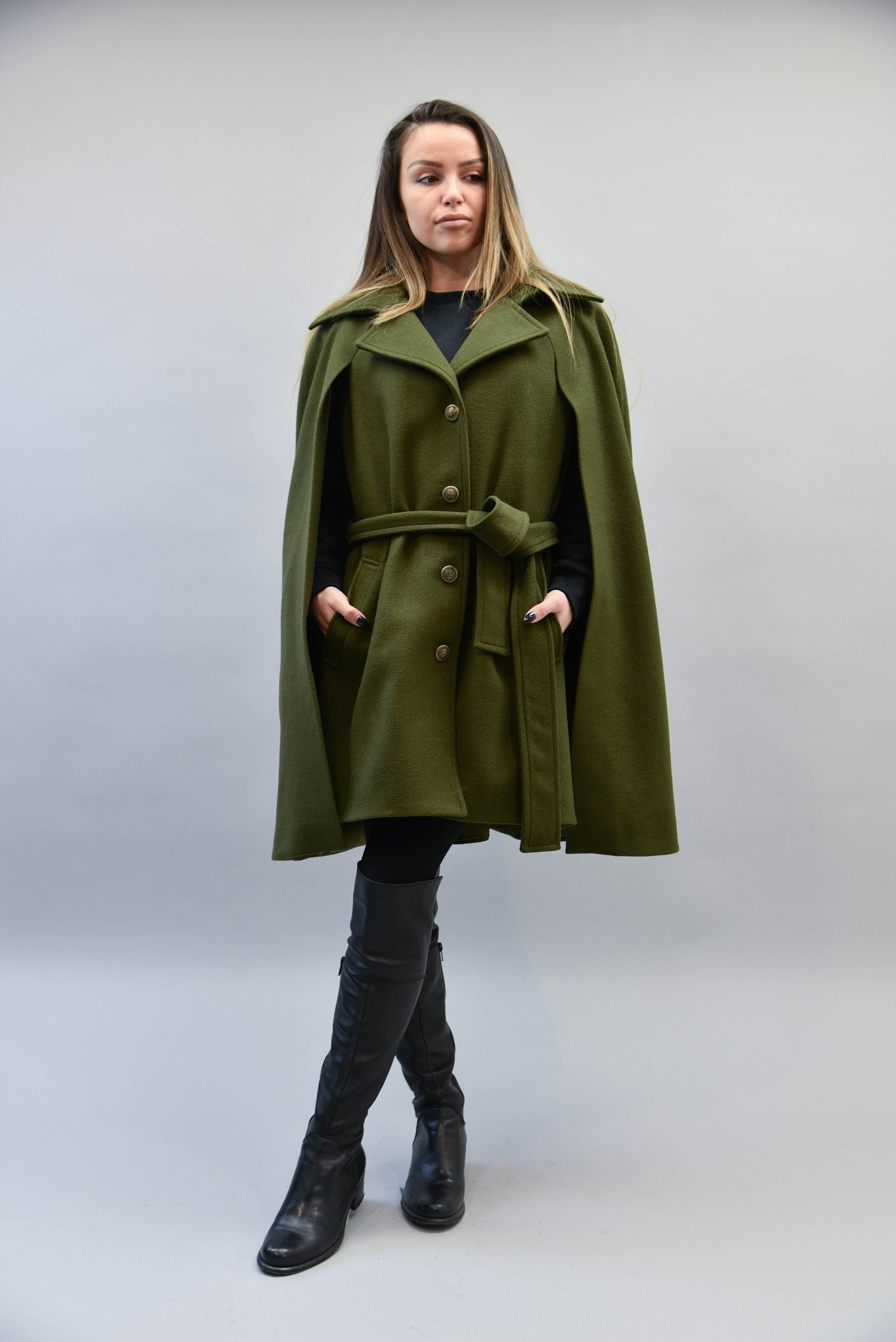 Military Green Cape/green Jacket/belted Cape/green Fashion Cape
