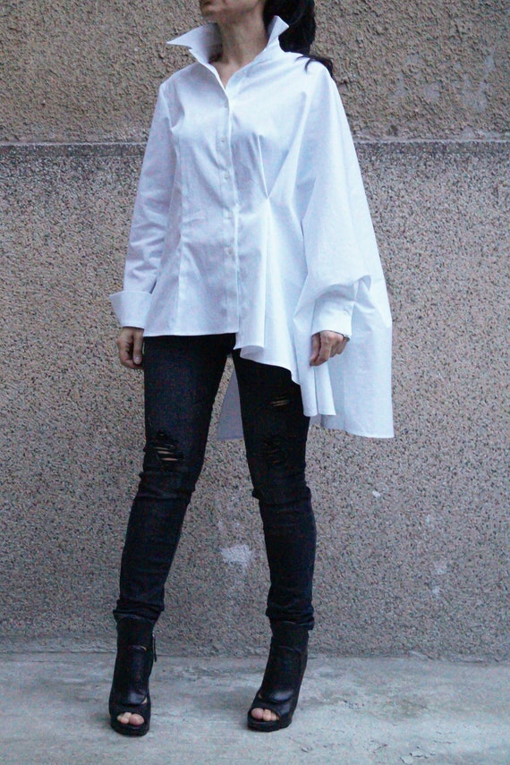 Women's Asymmetrical High-Low Shirt Dress - Ruffle Detail Bodycon Tunic Blouse (White, Medium) - View #2