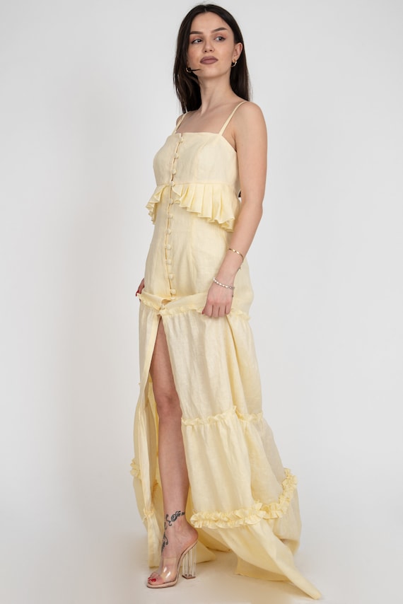 Yellow Linen Dress/Linen Ruffled Dress/Long Linen Dress/Linen Dress/Elegant Linen Dress/Summer Maxi Dress/Beach Dress/Summer Dress/F1455