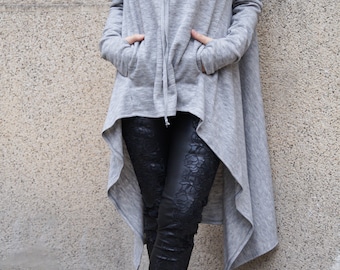 Grey Maxi Sweater/Extravagant Handmade Blouse/Loose Knitwear/Hooded Sweater/Hoodie/Poncho/Asymmetrical Sweater/Relaxed Shape Blouse/F1568