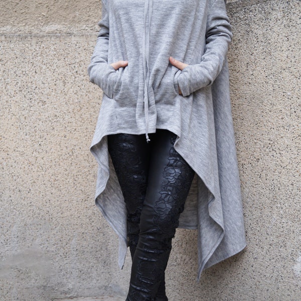 Grey Maxi Sweater/Extravagant Handmade Blouse/Loose Knitwear/Hooded Sweater/Hoodie/Poncho/Asymmetrical Sweater/Relaxed Shape Blouse/F1568