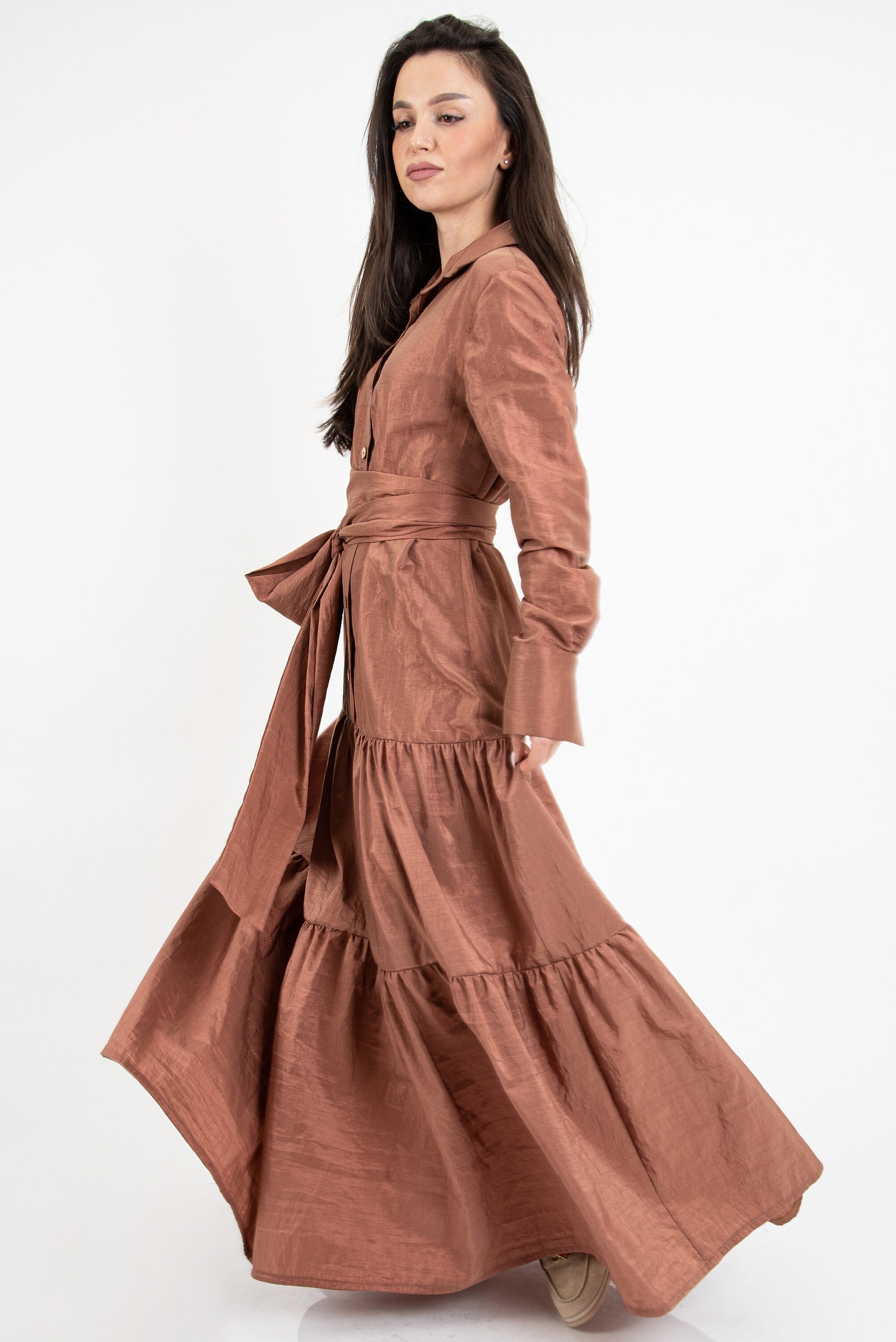Taffeta Dress/bronze Tiered Women Maxi Shirtdress/long Sleeved Tunic Dress/ruffled Dress/gold Dress/long Sleeve Dress/drape Dress/f2512 - Etsy Taffeta Dress/bronze Tiered Women Maxi Shirtdress/long Sleeved Tunic Dress/ruffled Dress/gold Dress/long Sleeve Dress/drape Dress/f2512 - Etsy