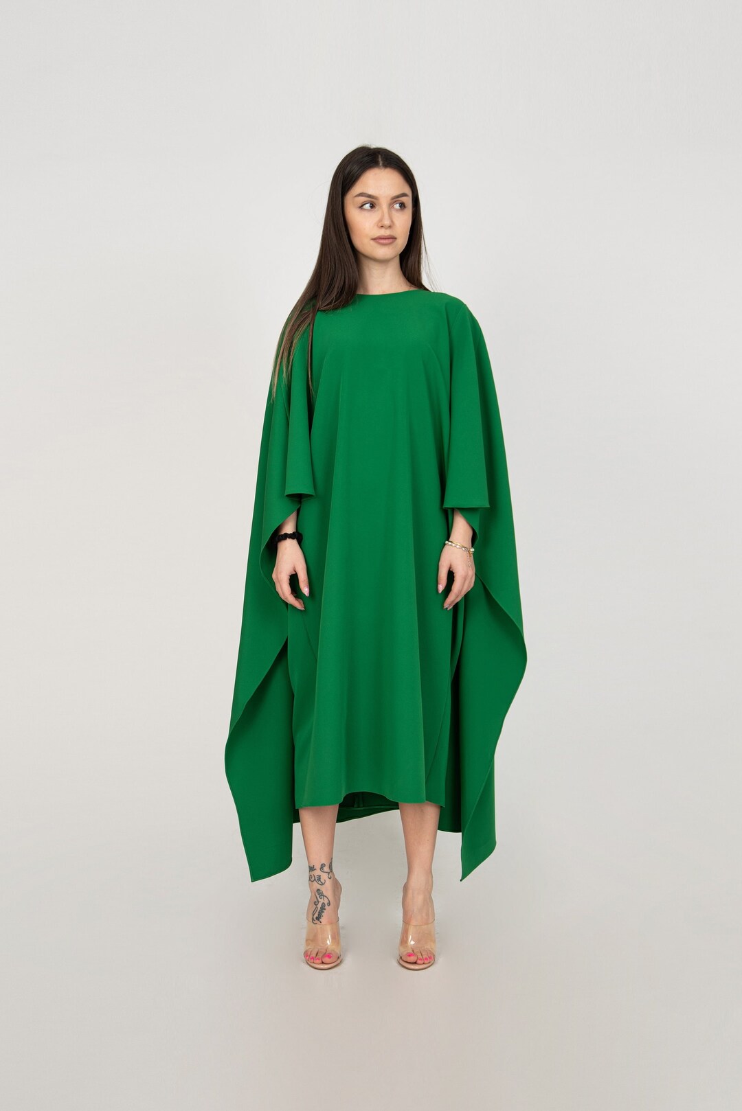 Green Cape Dress/oversized Dress/elegant Flowing Dress/handmade Dress ...