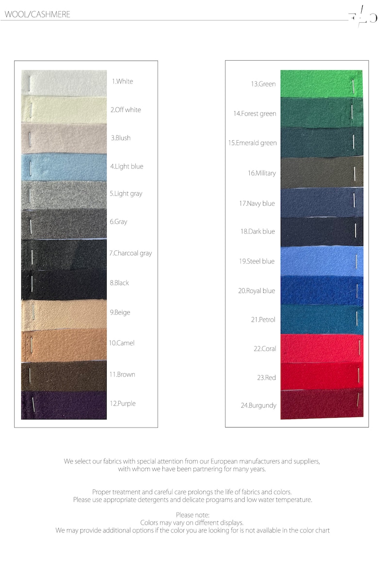 May include: A wool and cashmere fabric colour chart featuring twenty-four numbered swatches arranged in two columns. Colours include white, off white, blush, light blue, light grey, grey, charcoal grey, black, beige, camel, brown, purple, green, forest green, emerald green, military, navy blue, dark blue, steel blue, royal blue, petrol, coral, red, and burgundy.