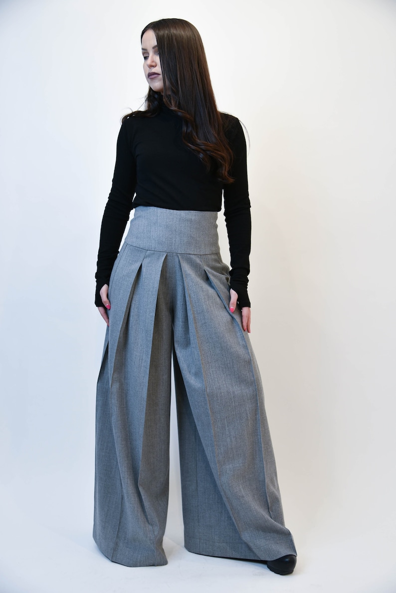 Wide Leg Pants, Wool Pants, Womens Pants, Grey Pants, Dark Gray