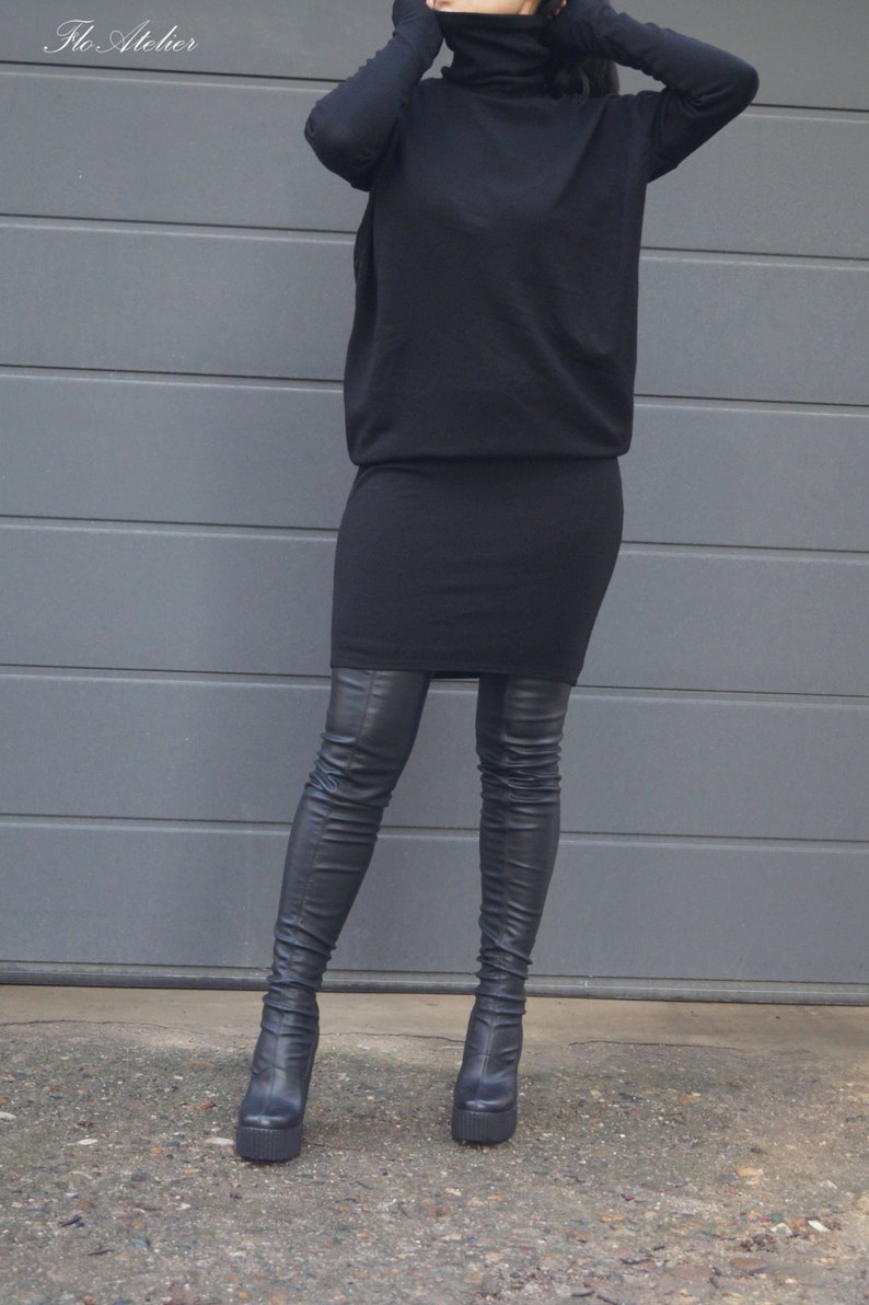 Black Loose Sweater DressCozy PulloverSweater DressKnit DressWomen Turtleneck DressMaxi BlouseOversize Knit TopKnit TunicF1543
