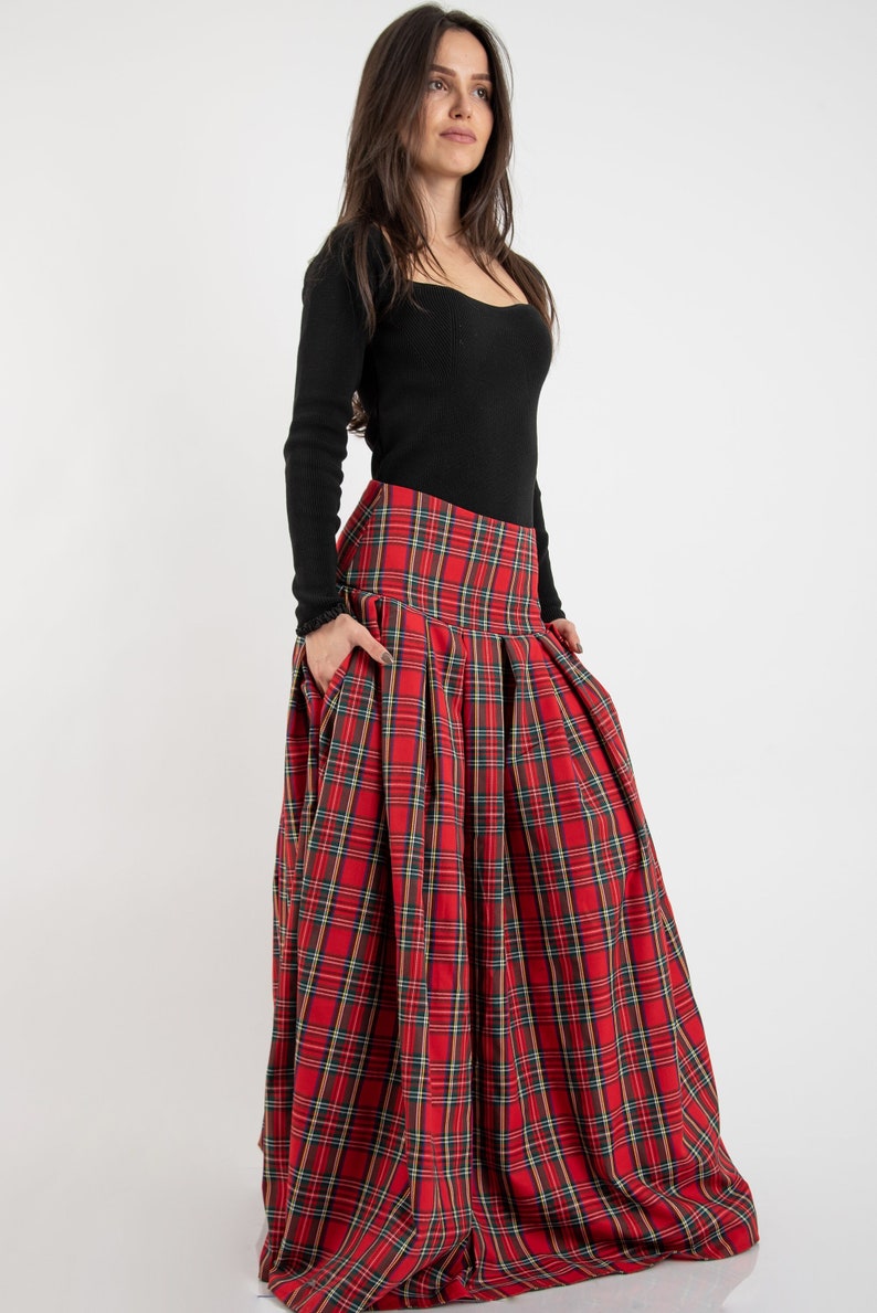 Lovely Checked Long Maxi Skirt/High or Low Waist Skirt/Long Waistband Skirt/Handmade Skirt/Low Waisted Black Skirt/Formal Skirt/Skirt/F2128 image 1