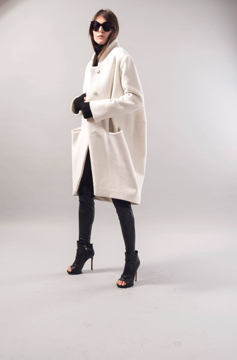 Straight Coat/Off White Coat/Wool Cashmere Coat/Winter Coat/Oversize Coat/Unstructured Coat/Asymmetrical Coat/Extravagant Coat/F1731 image 8