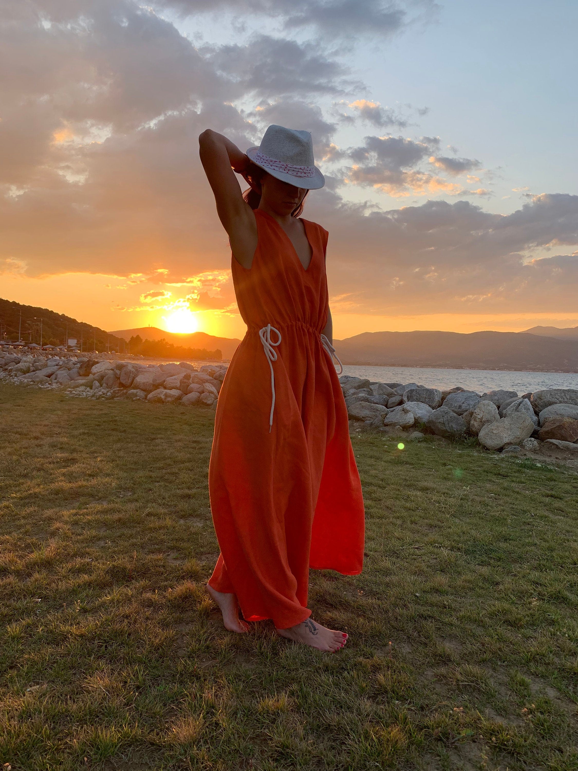 Orange Linen Dress/Sustainable Kaftan Dress/Linen Maxi Dress/Boho Oversized Dress/Handmade Custom Kaftan/Flowy Resort Wear/F1929