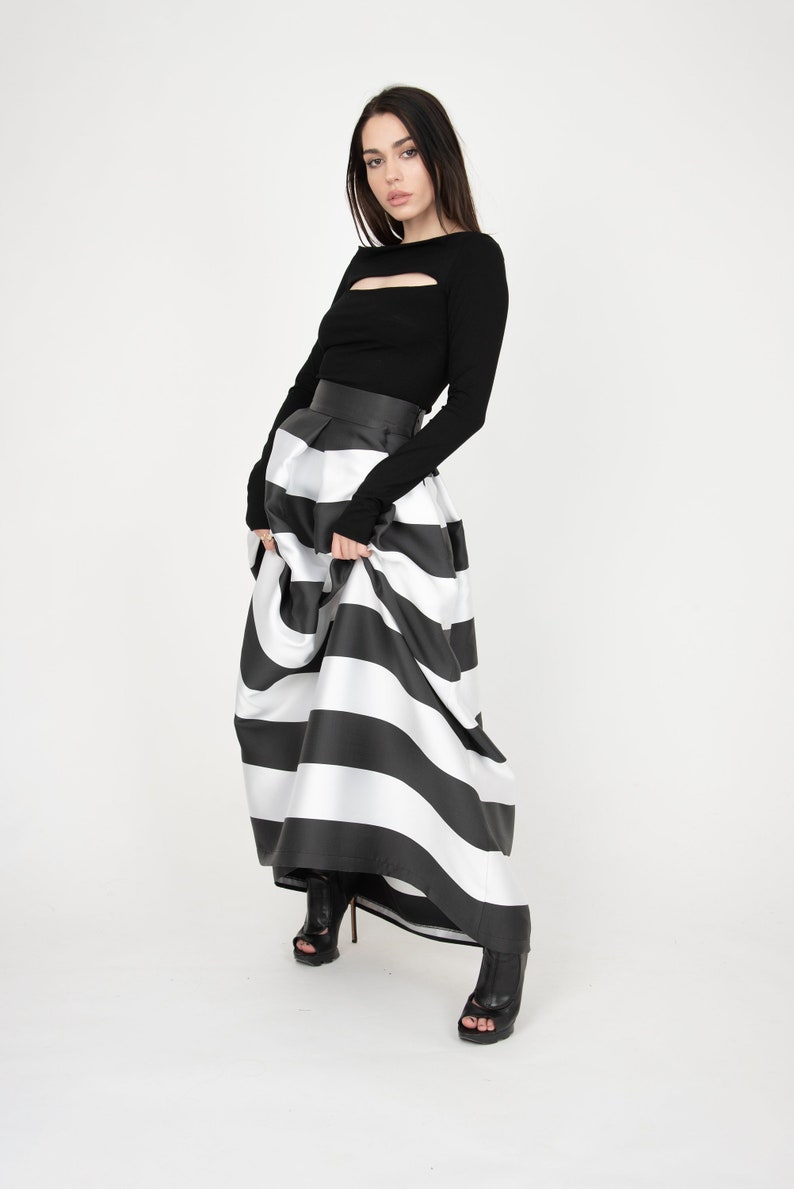 Black/White Long Maxi Skirt/High or Low Waist Skirt/Long Waistband Skirt/Handmade Striped Skirt/Black Stripe Skirt/Formal Skirt/Skirt/F1035 image 8