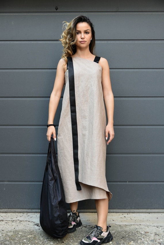 white christmas dresses Linnley Linen Striped Maxi Dress | Black & Cream Linen Dress main image 1