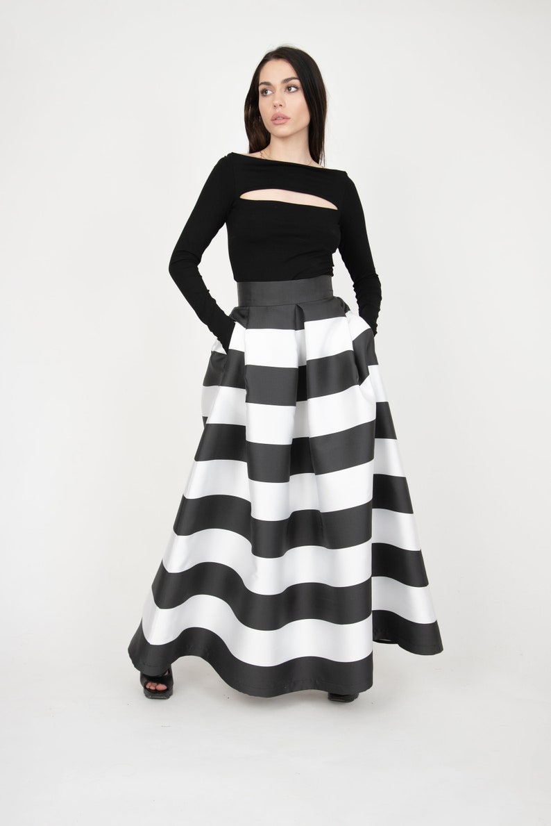 Black/White Long Maxi Skirt/High or Low Waist Skirt/Long Waistband Skirt/Handmade Striped Skirt/Black Stripe Skirt/Formal Skirt/Skirt/F1035 image 9