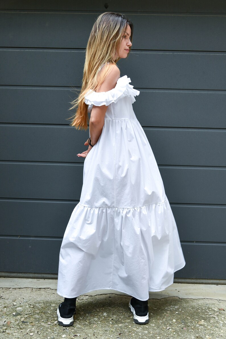White Romantic Dress/Ruffled Dress/Off Shoulder Dress/Open Back Dress, Beach Dress/Summer Dress/Long Maxi Dress/Loose Dress/ Oversized/F2158 image 8