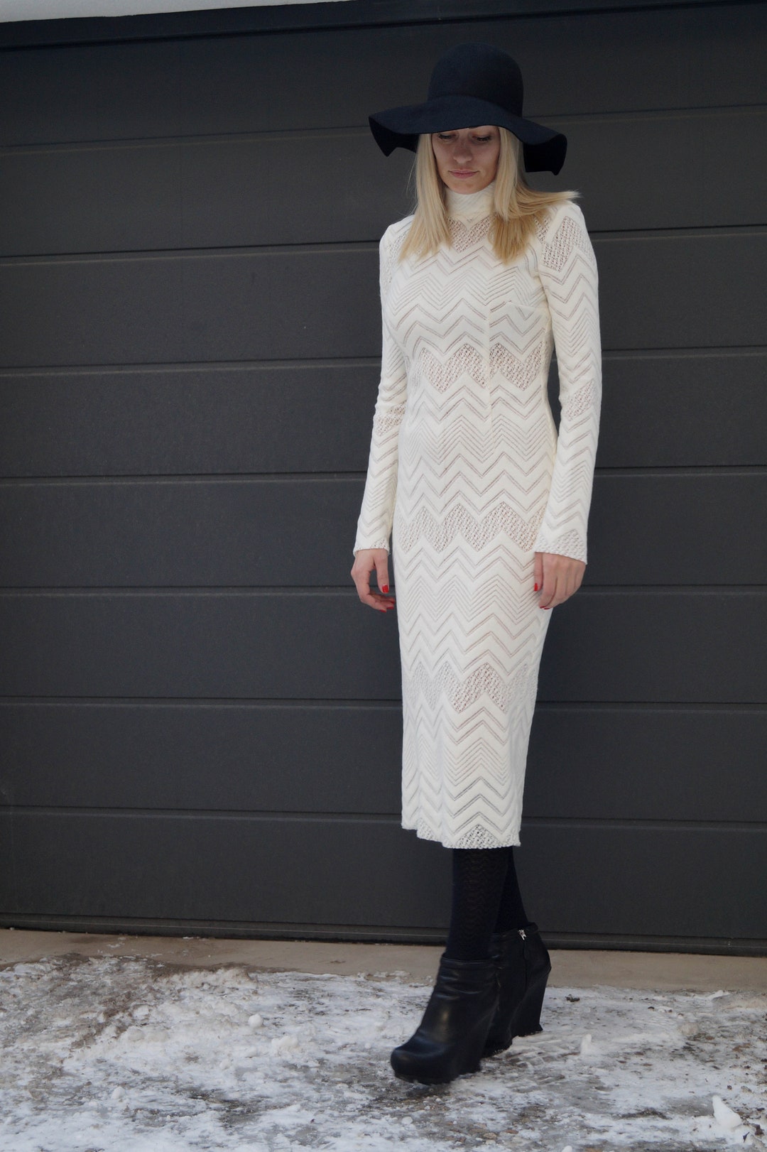 White Knit Dress/long Sleeves Dress/dress/pencil Dress/turtleneck Dress ...