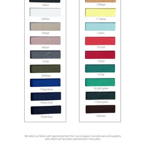 May include: Colour chart displaying 18 different fabric colours, including black, white, beige, blush, grey, military, royal blue, navy blue, dark blue, yellow, mint, coral, red, teal, light green, dark green, and brown. The text "POLY-VISCOSE" is at the top of the chart.