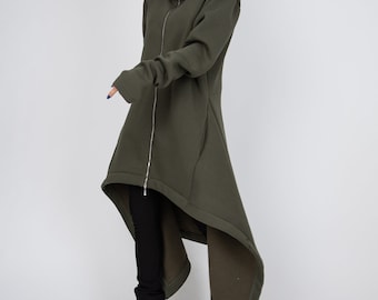May include: An olive green hooded coat featuring a high-low hemline, long sleeves, and a full-length silver front zipper that extends up to cover the lower face. The garment is constructed from a thick, solid-colored fabric with a smooth texture.