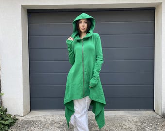 Cowl Neck Hoodie, Green Asymmetrical Longline Sweatshirt, Oversized Zip Up Hoodie with Pockets, F2139