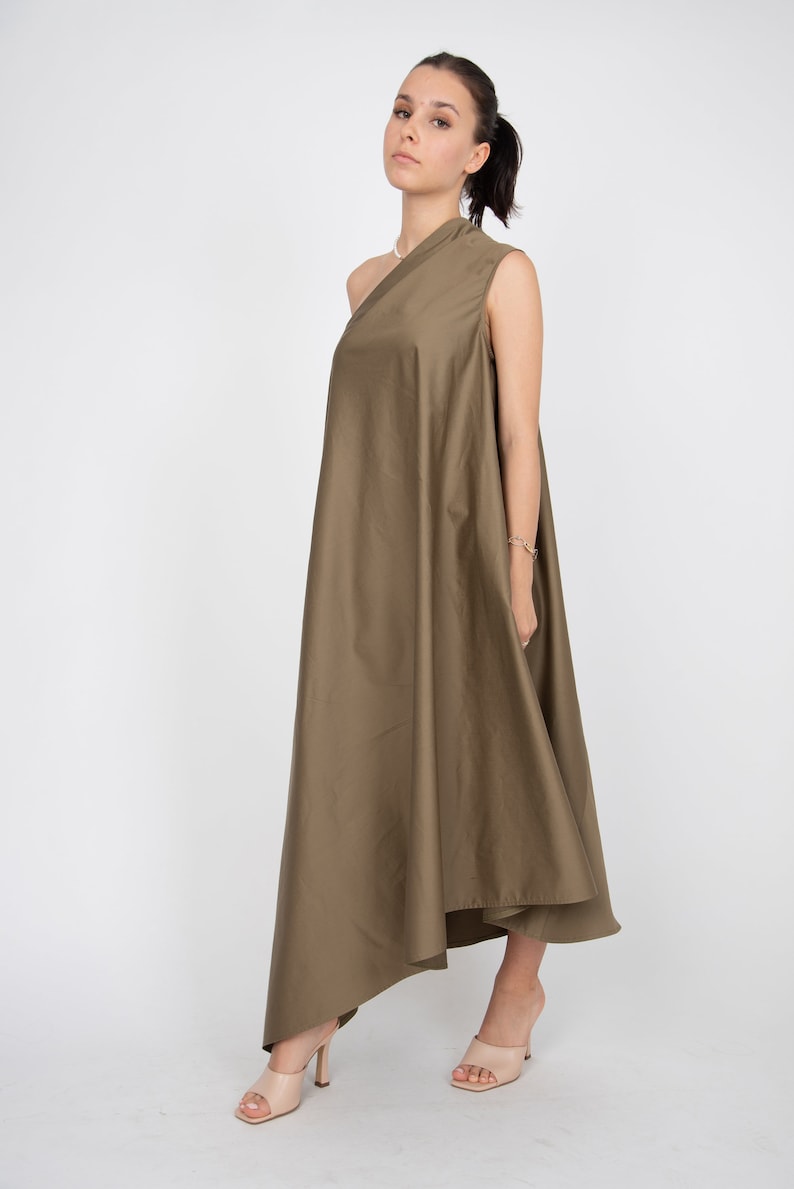 One Shoulder Dress/Green Kaftan/Asymmetrical Tunic/Cotton Maxi Dress/Beige Casual Kaftan/Party Dress/One Shoulder Dress/Stylish Dress/F2323 imagen 5