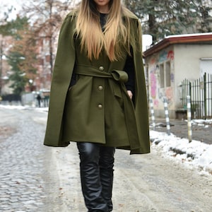 Winter Cape Coat/Green Jacket/Cape Coat/Cape Jacket/Green Fashion Cape Coat/Winter Jacket/Cloak Coat/Military Green Handcrafted Cloak/F2199 image 4