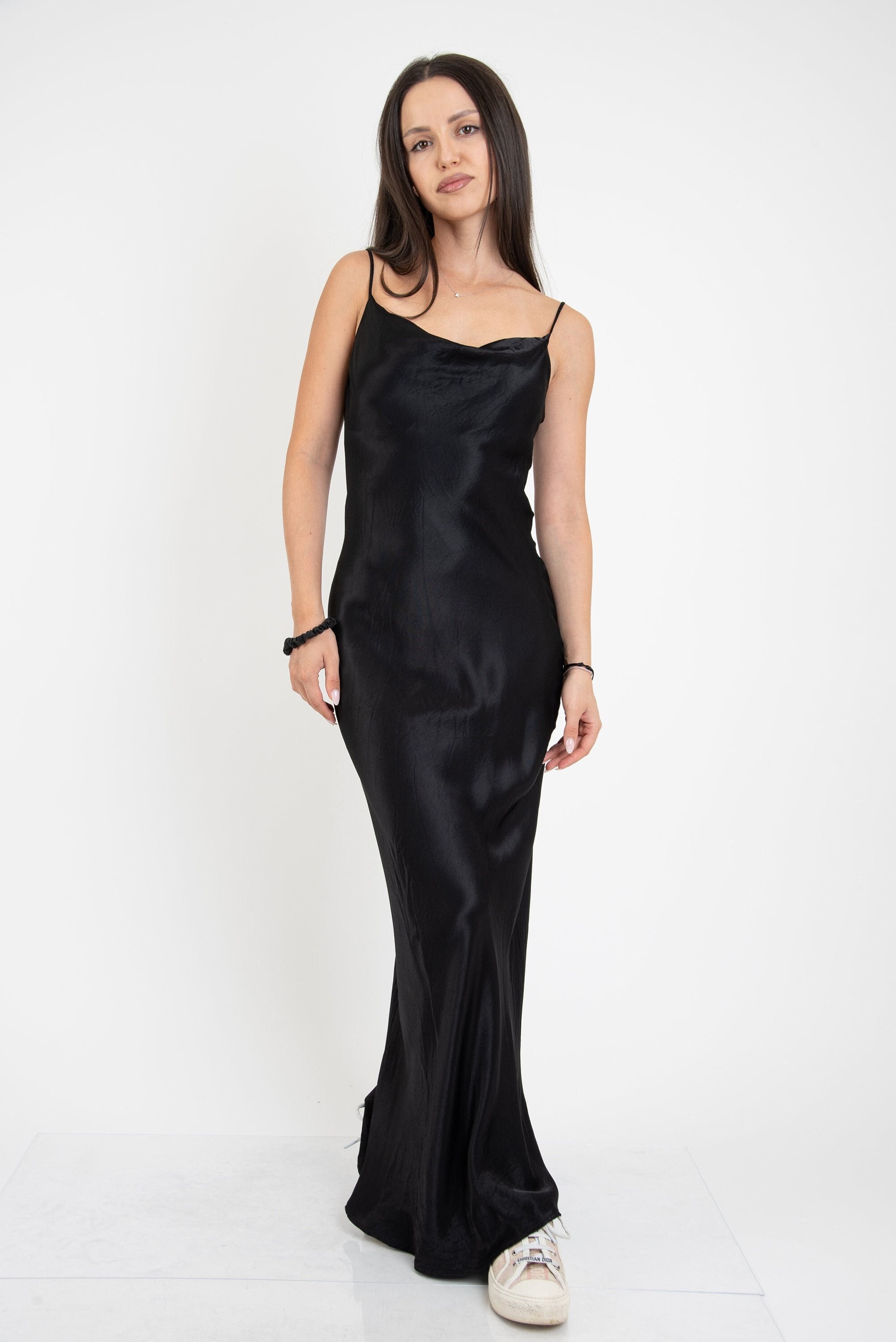 Rope Satin Dress/Black Cocktail Dress/Cowl Neckline Dress/Long Satin Dress/Evening Gown/Satin Slip Dress/Black Maxi Dress/F2517