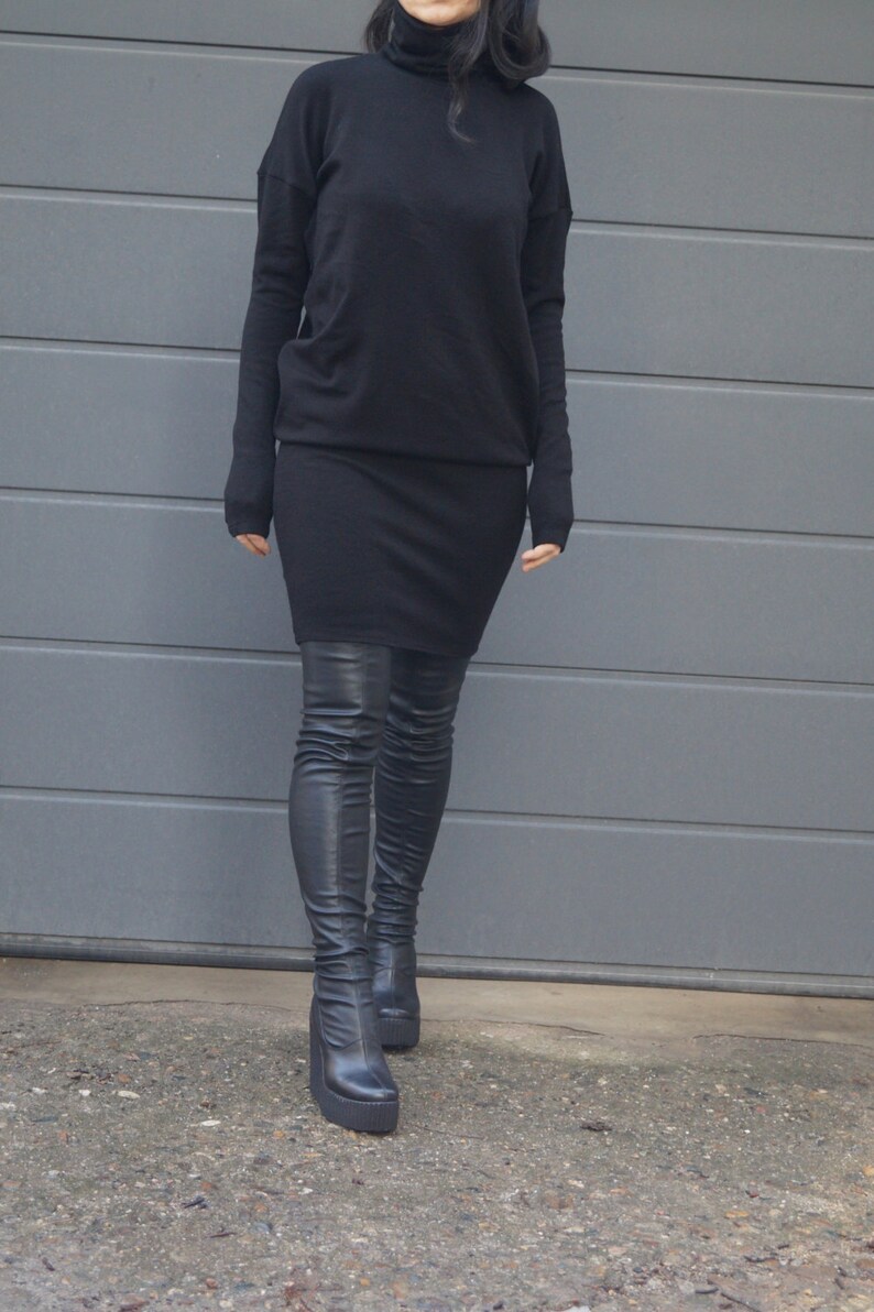 Black Loose Sweater DressCozy PulloverSweater DressKnit DressWomen Turtleneck DressMaxi BlouseOversize Knit TopKnit TunicF1543