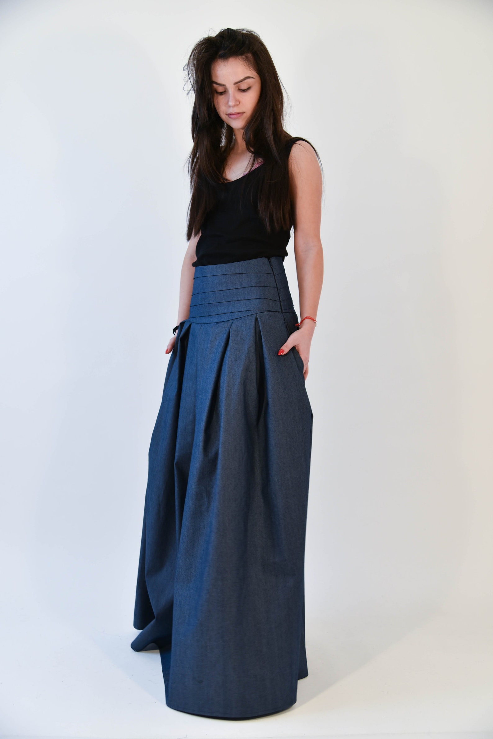 Lovely Blue Denim Maxi Skirt/high Low Waist Skirt/long Etsy Australia