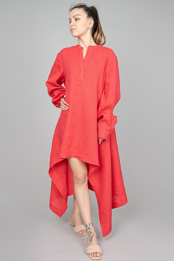 Red Asymmetric Linen Tunic Dress/loose Linen Tunic/long