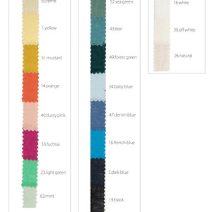 May include: A colour chart of linen fabric swatches in various colours, including cream, yellow, mustard, orange, dusty pink, fuchsia, light green, mint, sea green, teal, forest green, baby blue, denim blue, french blue, dark blue, black, white, off white, and natural. The chart includes the colour name and number for each swatch. The text "100% Li 150gr/m&sup2;" is at the bottom of the chart.