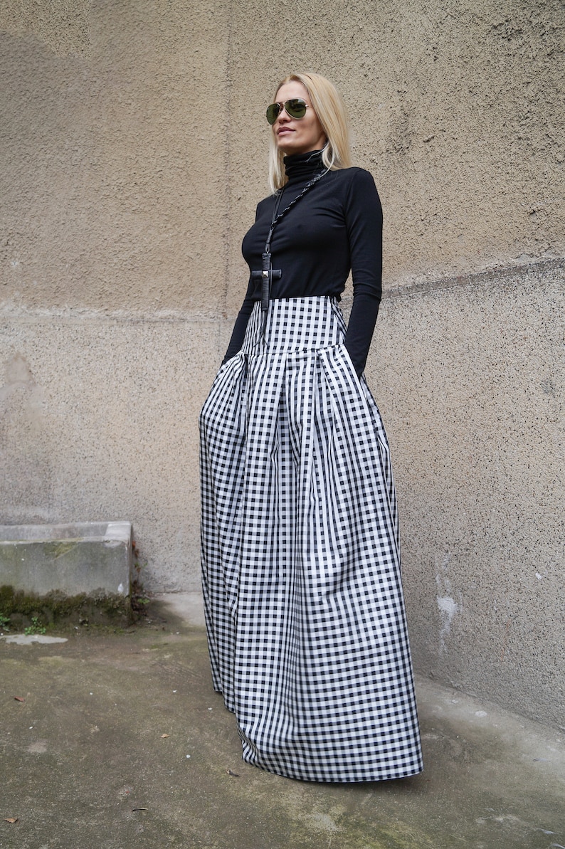 Gingham Lovely Black and White Long Maxi Skirt/High or Low Waist Skirt/Long Waistband Skirt/Fashion Skirt/Pleated Skirt/Maxi Skirt/F1578 image 2