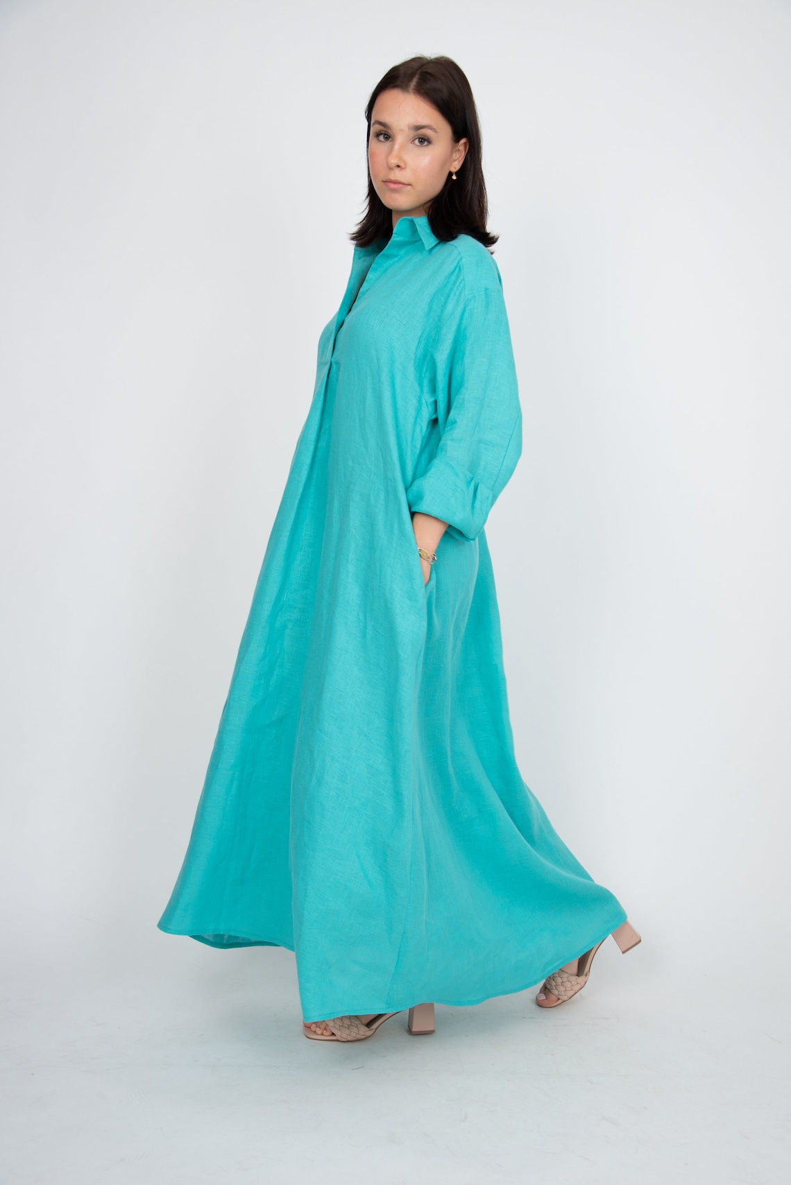 Turquoise Linen Dress/linen Shirt Dress/oversized Shirt Etsy