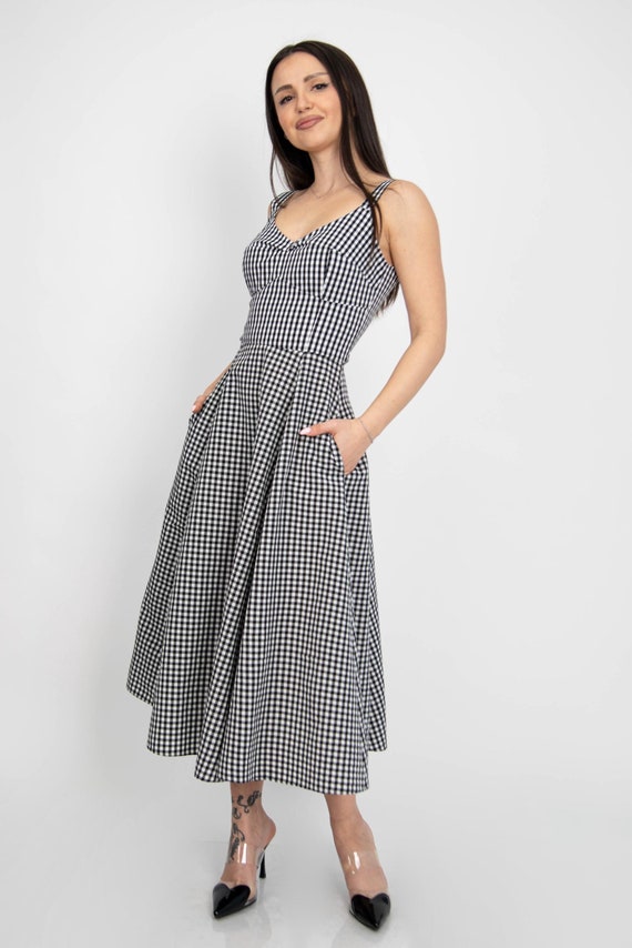 Gingham Lovely Black and White Midi Dress/Handmade Dress/Elegant Maxi Dress/Vintage Style Gingham Dress/Midi Summer Dress with Pockets/F2533
