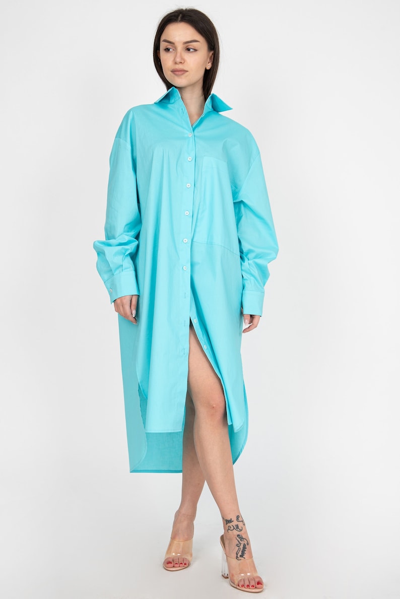 Blue shops Maxi Shirt/Elegant Formal Shirt/Minimalist Blue Shirt/Oversized Shirt/Loose Oversized shirt with pocket/Blue Handmade Shirt Dress/F2405