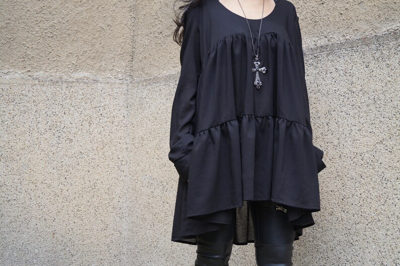 Women ShirtLong S.leeved ShirtRuffle ShirtBlack TopBlack ShirtFall shirtSexy ShirtFashion ShirtLoose Tunic Drape ShirtF1511