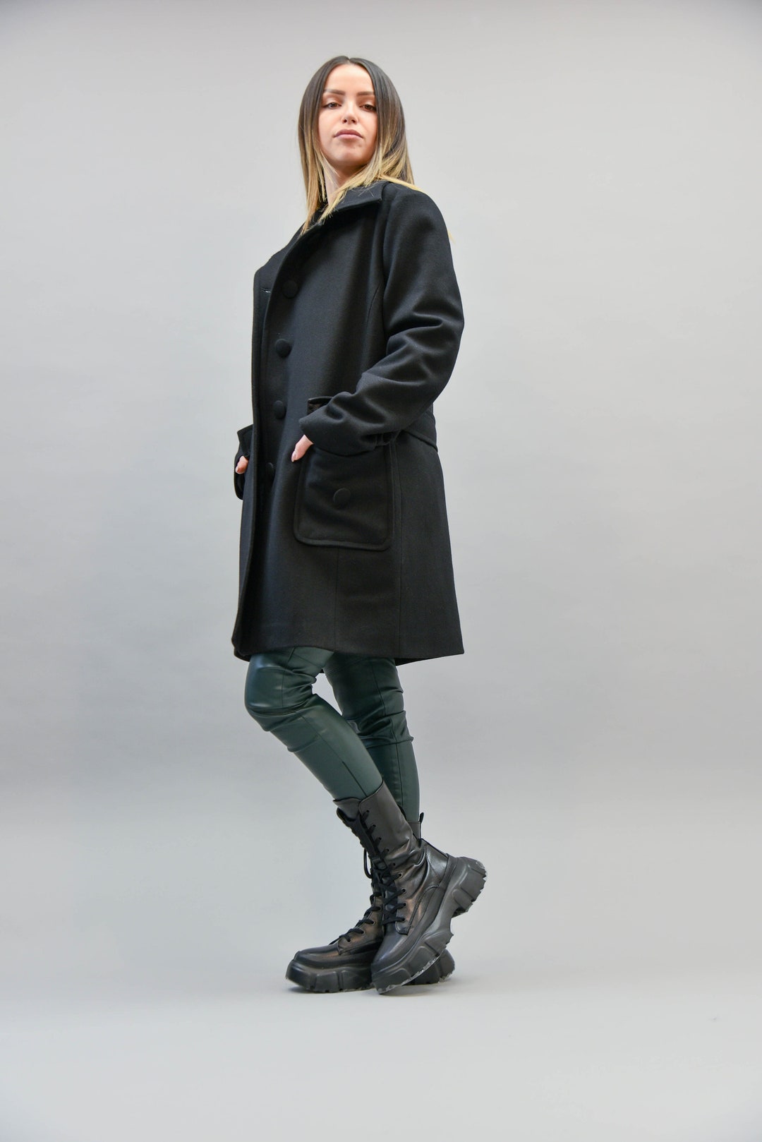 Black Lined Coat/cashmere Wool Coat/winter Coat/patch Pocket Coat/xxl