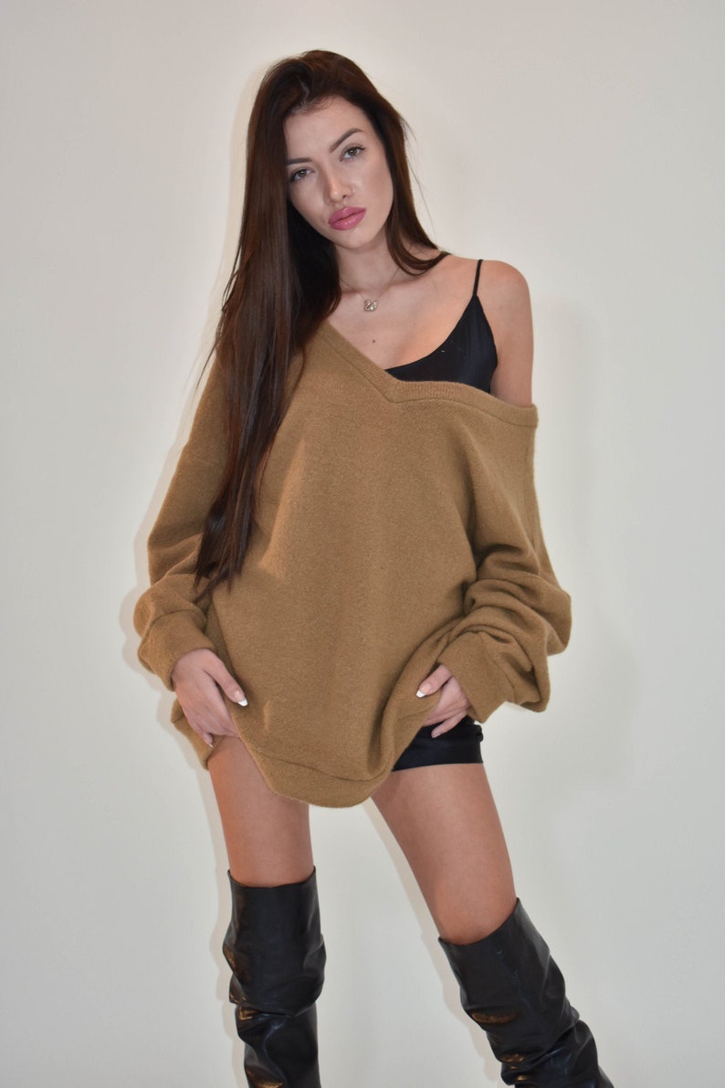 Handmade Oversized Sweater/Knitwear Top/Sweater Dress/Camel Long Pullover/Loose Plus Size Sweater/Off Shoulder Sweater/Camel Blouse/F1806 image 1